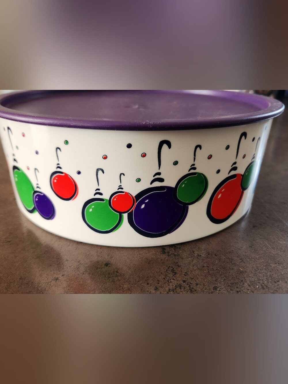 Tupperware Christmas Ornaments Round Container With Purple Lid - Used